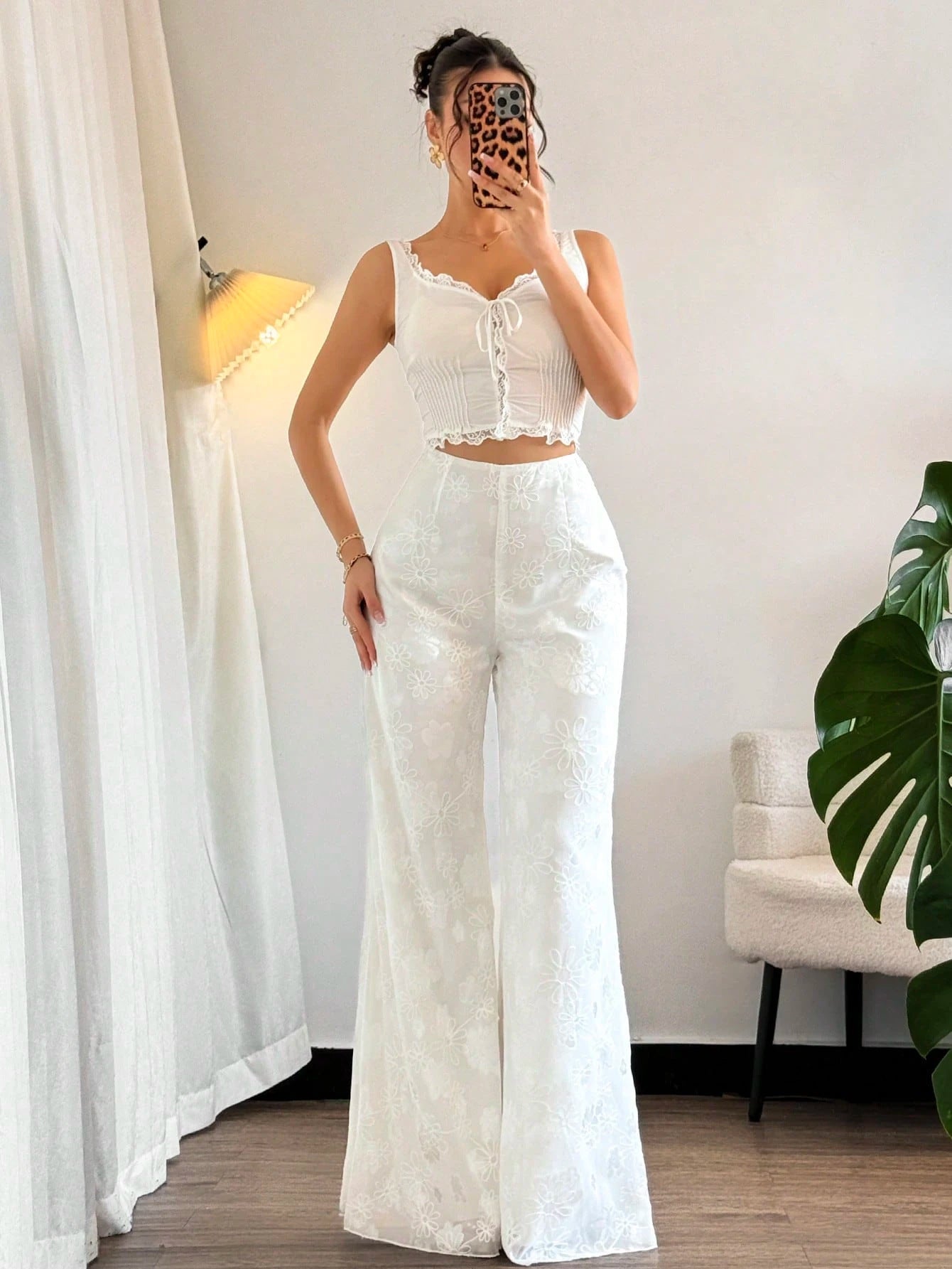 Loose-fit American-style White Draped Thin Casual Wide-leg Pants For Petite Women