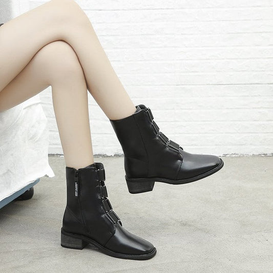 New Square Toe Thick Heel Side Zipper Short Boots