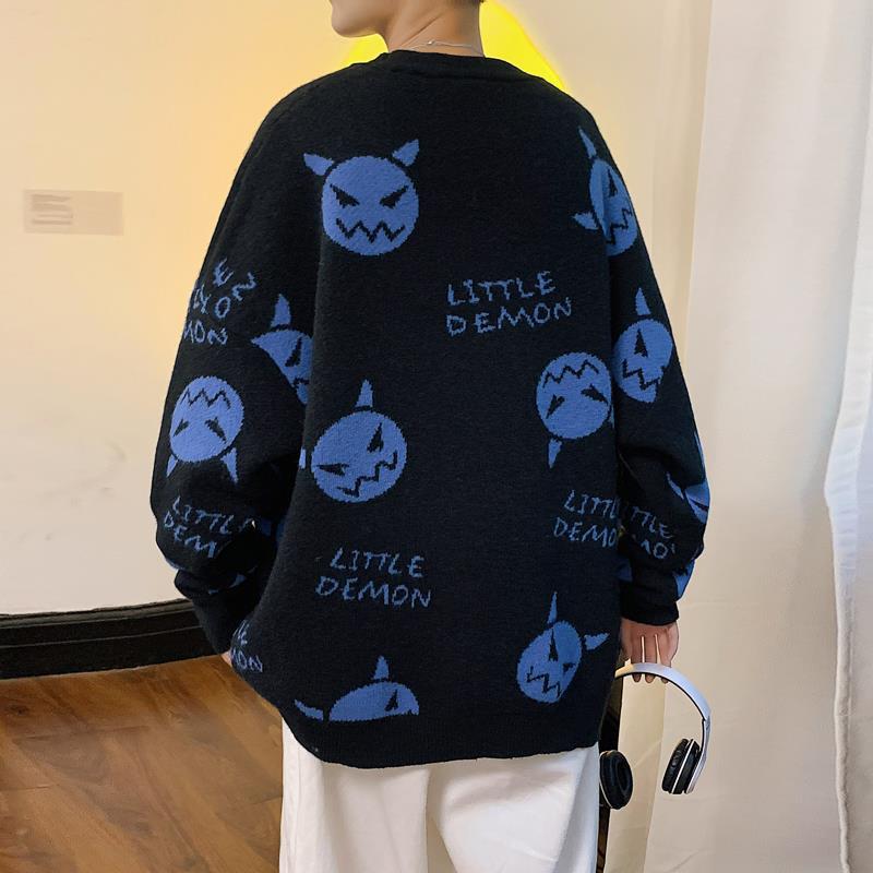 Tegneserie løst strikket afslappet pullover sweater med rund hals til mænd og kvinder