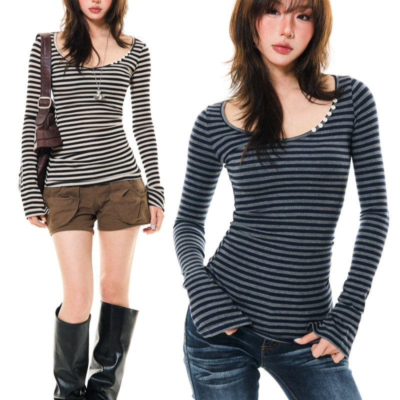 Womens Slim-Fit Long-Sleeve Striped T-Shirt In American Style
