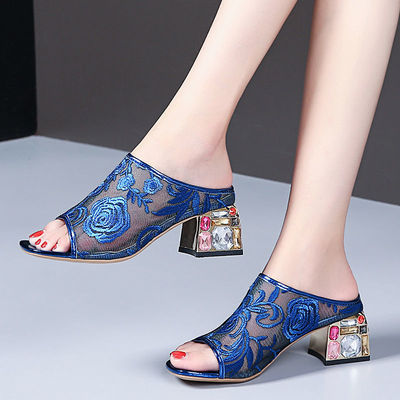 Ethnic Wind Rhinestone Mid-heel Mesh Slippers