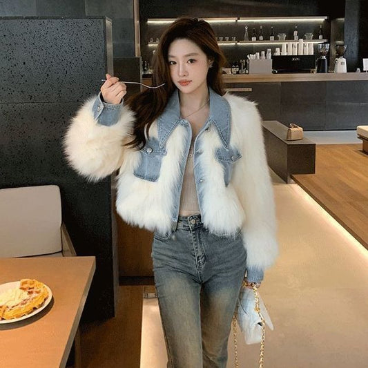 Womens Denim Patchwork Faux Fur Short Coat