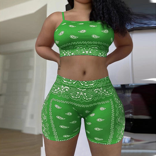 Womens Casual Printed Camisole And Sleeveless Shorts Two-Piece Set