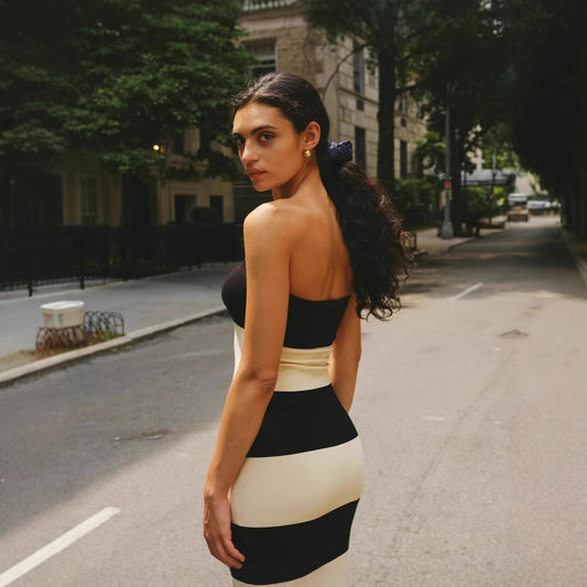 Womens Knitted Color-Block Sexy Bodycon Striped Sheath Dress