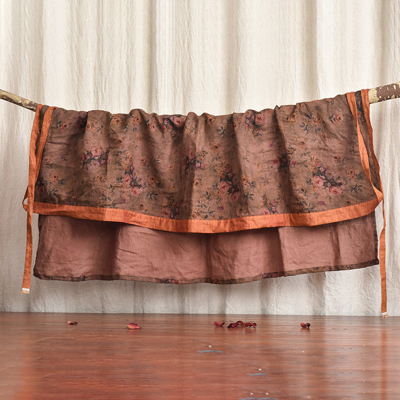 Retro High Waist Printing Crafts Linen Wrap Tie-shoulder Floral Skirt