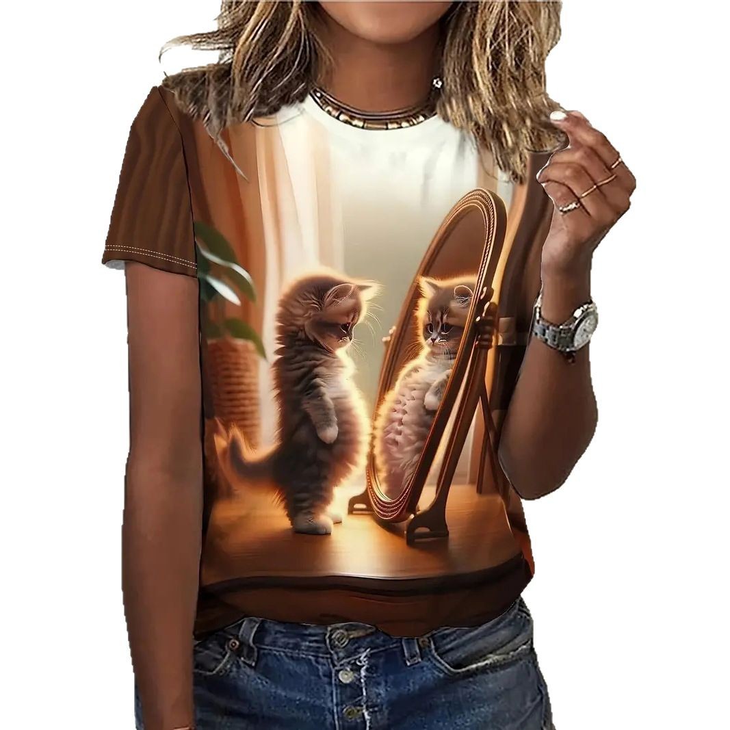 Digital-print Casual Short-sleeve Streetwear Womens Loose-fitting T-shirt