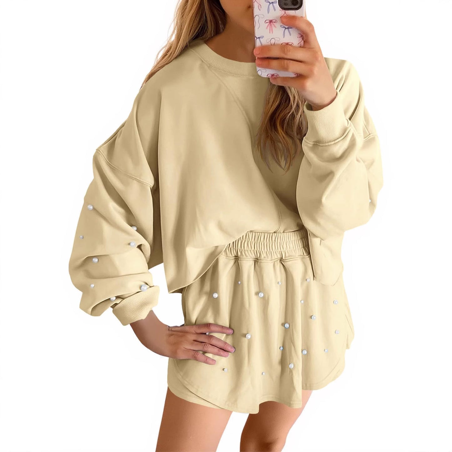 Womens Casual Long-sleeve Top And Shorts Set