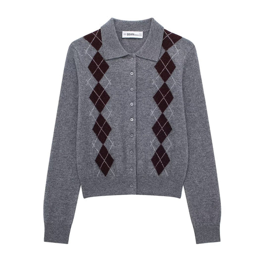 Womens Fashion Lapel Long-Sleeve Single-Breasted Knit Cardigan