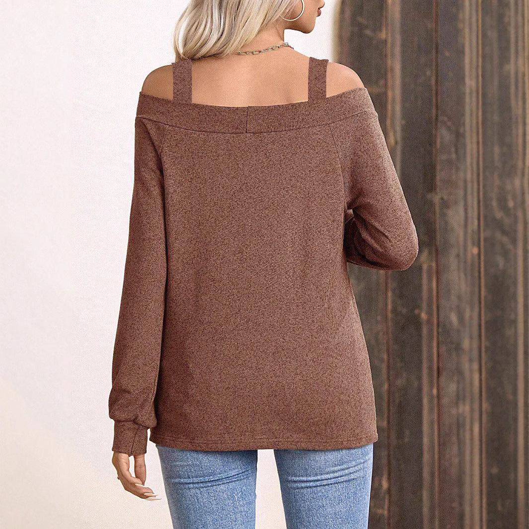 Off-shoulder Collar Solid Color Long-sleeved Top