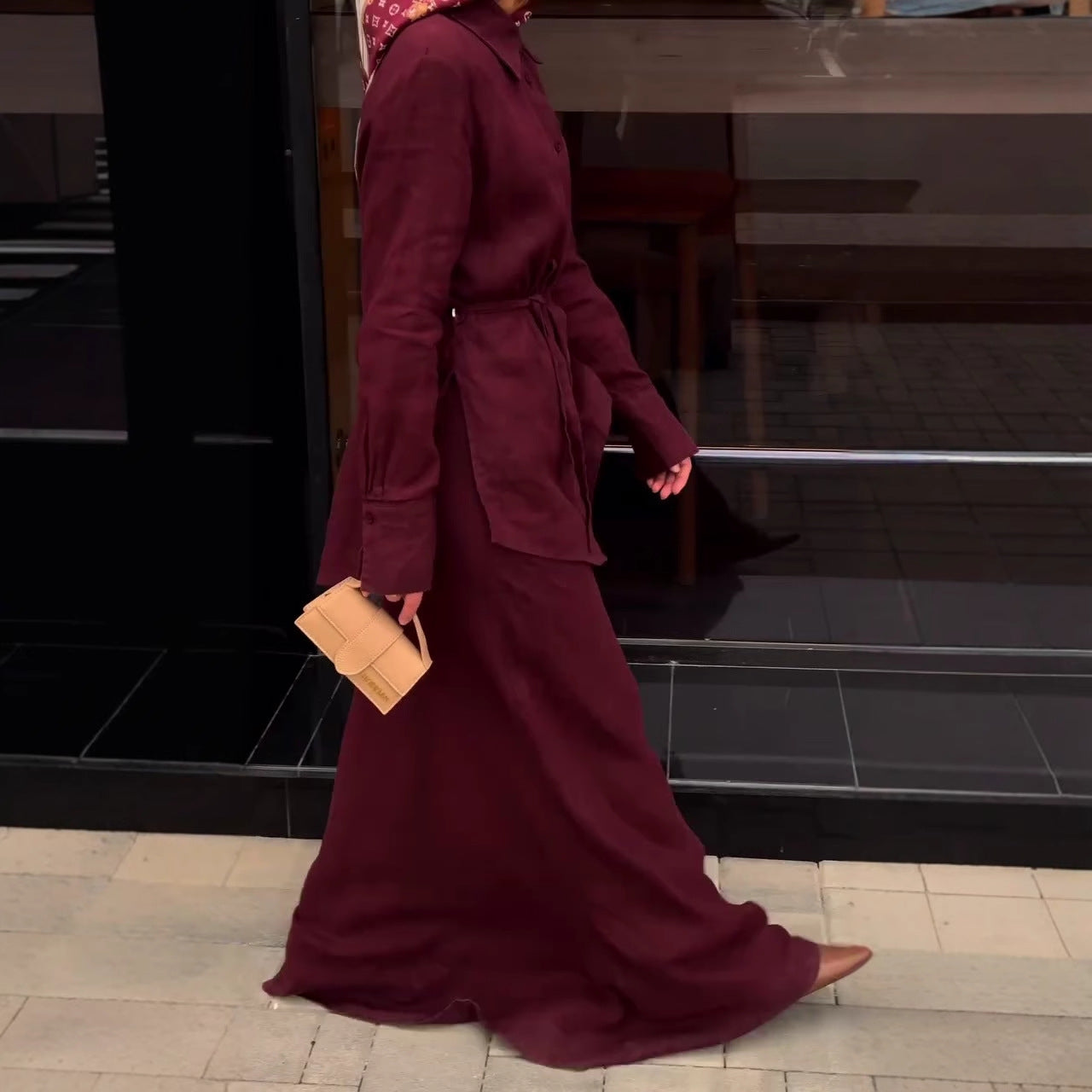 Autumn Minimalist Chic Long-sleeve Lace-up Maxi Dress