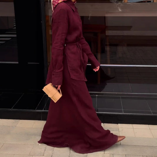 Autumn Minimalist Chic Long-sleeve Lace-up Maxi Dress