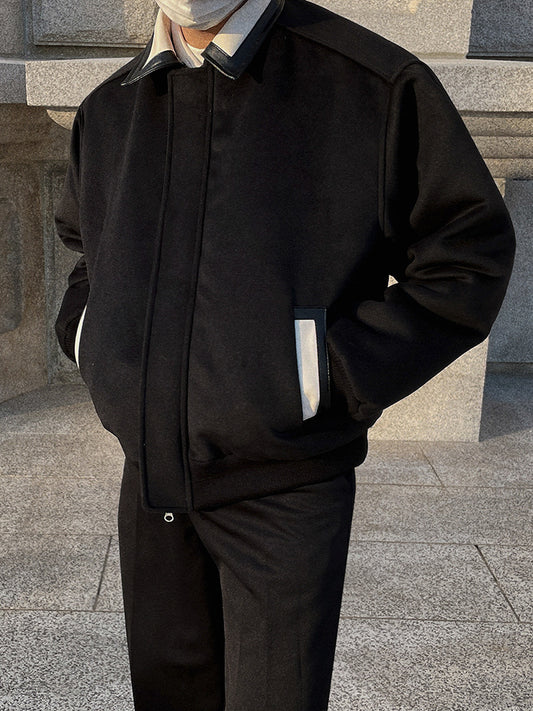 Contrast Color Lapels Woolen Coat Male