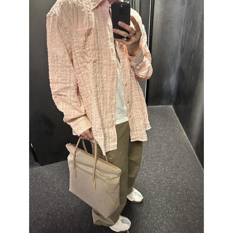 Pleated Seersucker Shirt Casual Loose Outline Plaid Long Sleeve