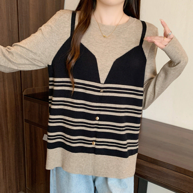 Plus Size Contrast Color Striped Fake Two Pieces Sweater