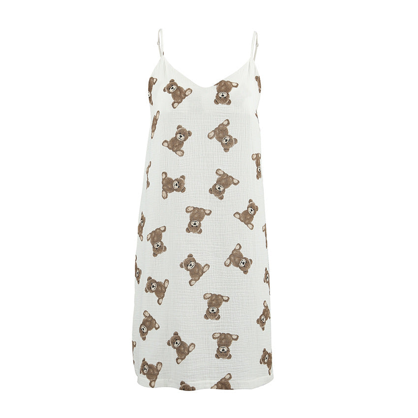 Little Bear Print Strap Short Nightdress For Women