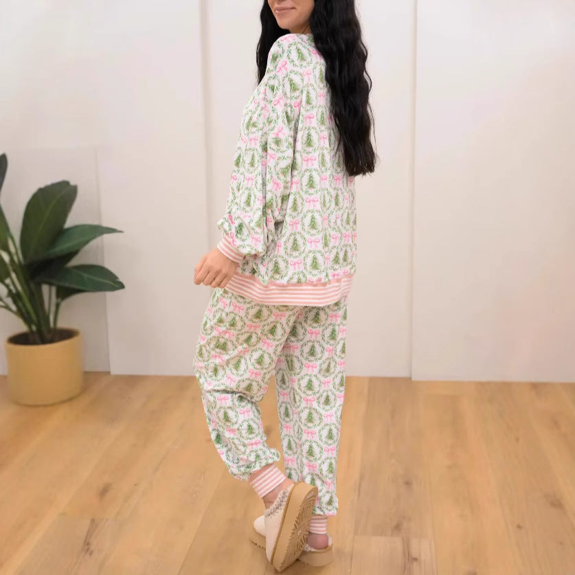 Women's Autumn And Winter Christmas Printed Long-sleeved Trousers Pajamas Home Wear