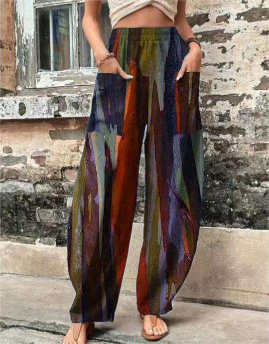 Women's Elastic Waistband Pocket Printed Casual Pants