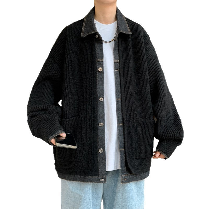Mens Denim Patchwork Color-Block Knitted Cardigan Coat