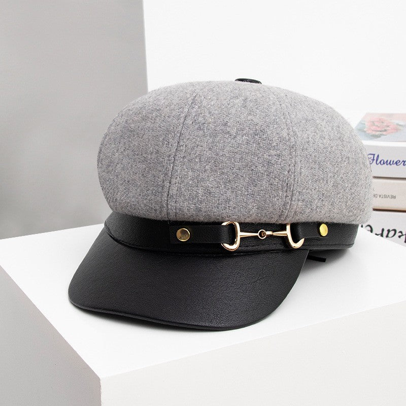Women's All-match Leather Buckle Octagonal Hat