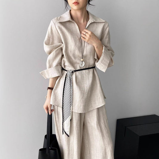 Women's Casual Shirt And Elastic-Waist Wide-Leg Pants Two-Piece Set