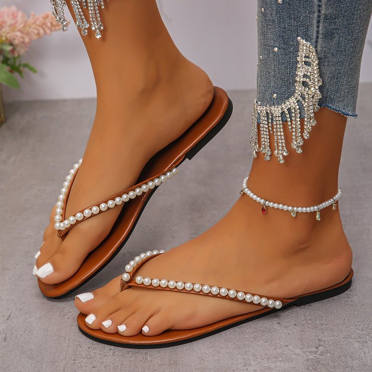 Flat Bottom Flip-flops Flip-flops Women's Summer Wear New Fairy Style Pearl Soft Bottom Non-slip Beach Slippers