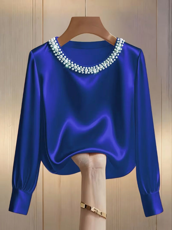 Simple Solid-Color Fashionable Beaded Crew-Neck Long-Sleeve Womens T-Shirt