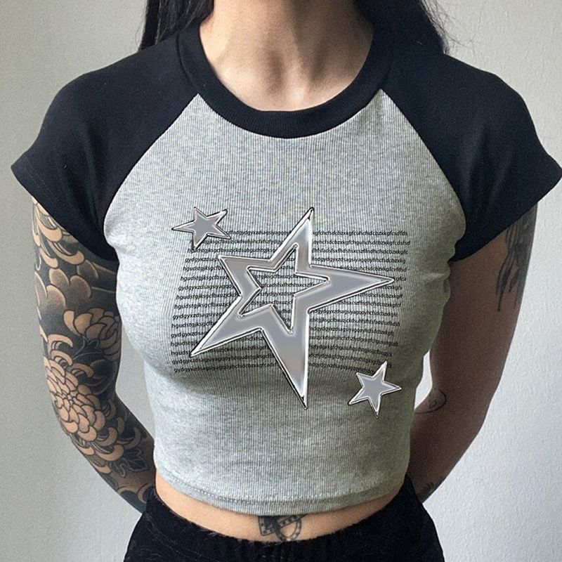 Basic Round Neck Contrast Raglan Short Sleeve T-shirt