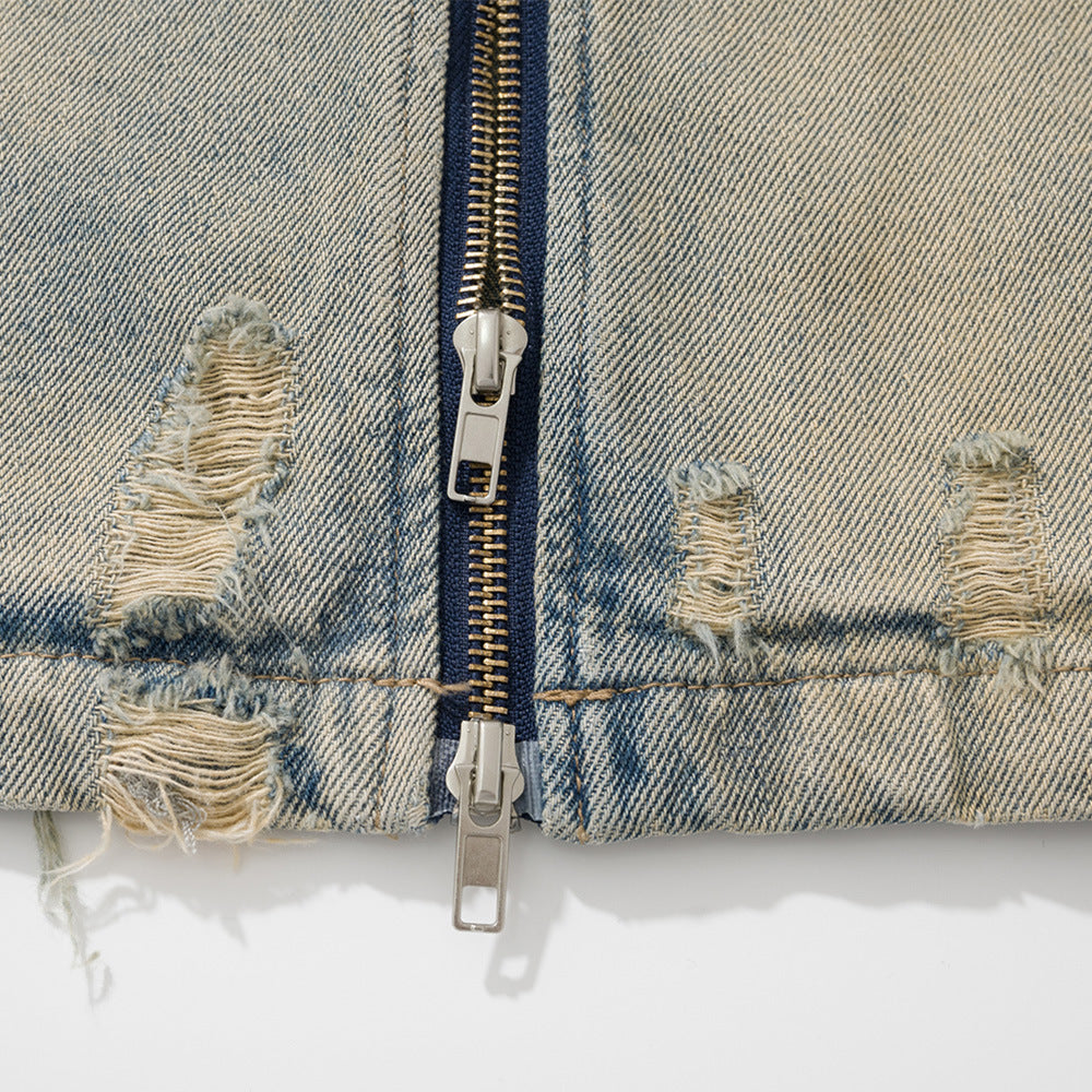 Men's American Street Water Washed Hole Distressed Deconstruction Stitching Autumn Coat