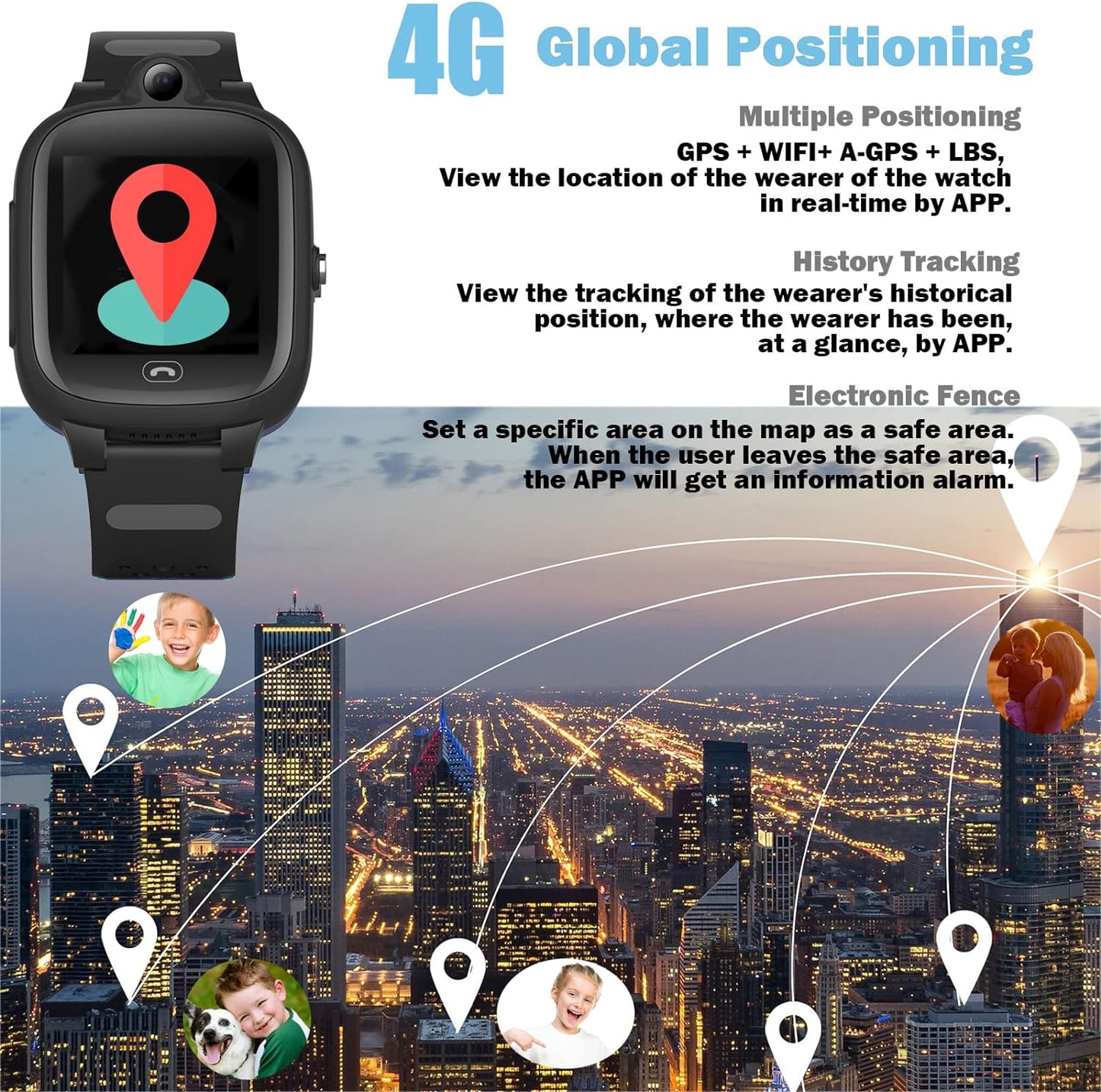 4G GPS Smart Watch Elderly Kid 3-15 Years Old Kids Global Real-Time Tracking Watches Waterproof Cell Phone Watch Child Video Chat Device SOS Alarm Camera Geo-Fence Pedometer Anti-Lost Tracker Locator