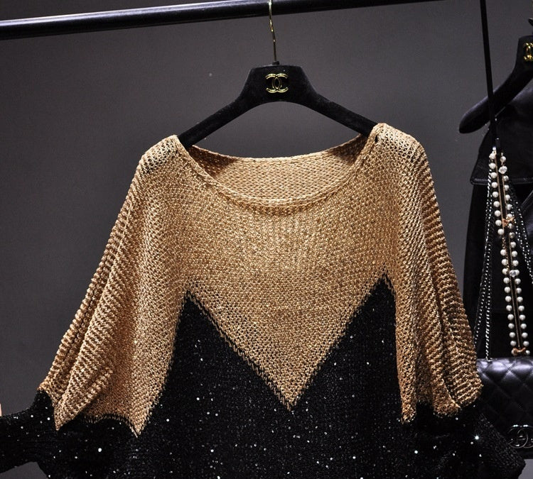 Sequined Pullover Loose Cape Batwing Shirt Hollow Round Neck Sweater