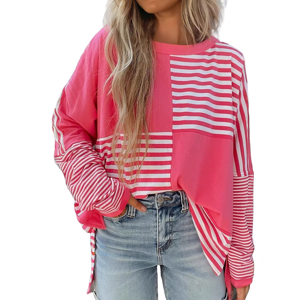 Womens Striped Color-block Crew-neck Top