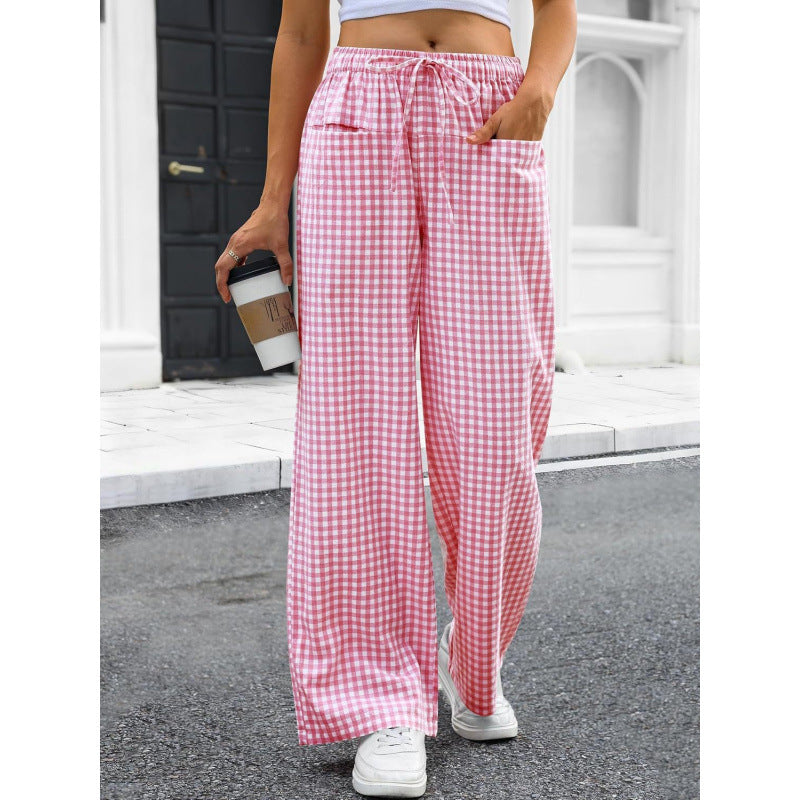 High-waisted Wide-leg Plaid Drawstring Loungeleisure Pants