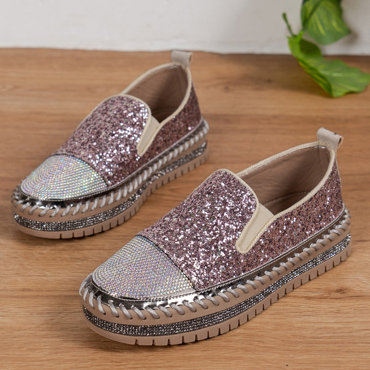 Thick Bottom Flat Loafers Rhinestone
