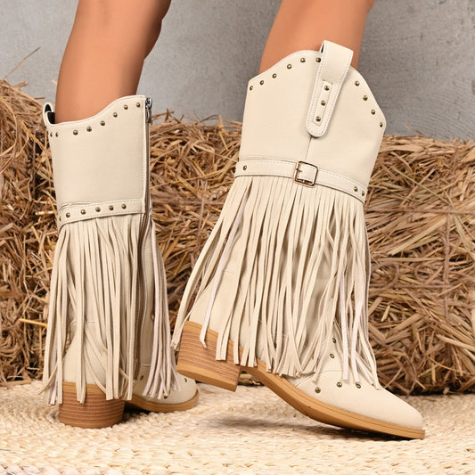 Western Cowboy Women's Boots Belt Buckle Rivet Tassel Big Middle Boots
