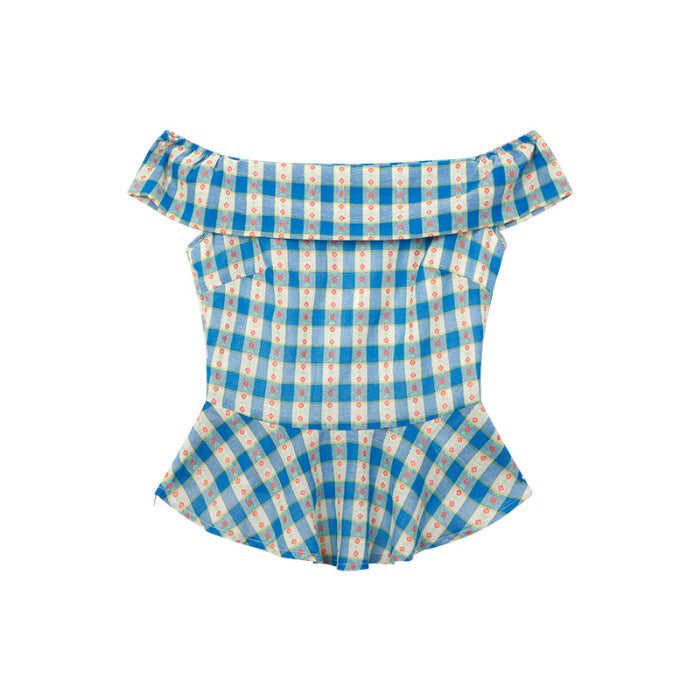 Off-shoulder Blue Checkered Short Sleeve Shirt Women's Summer Short Style