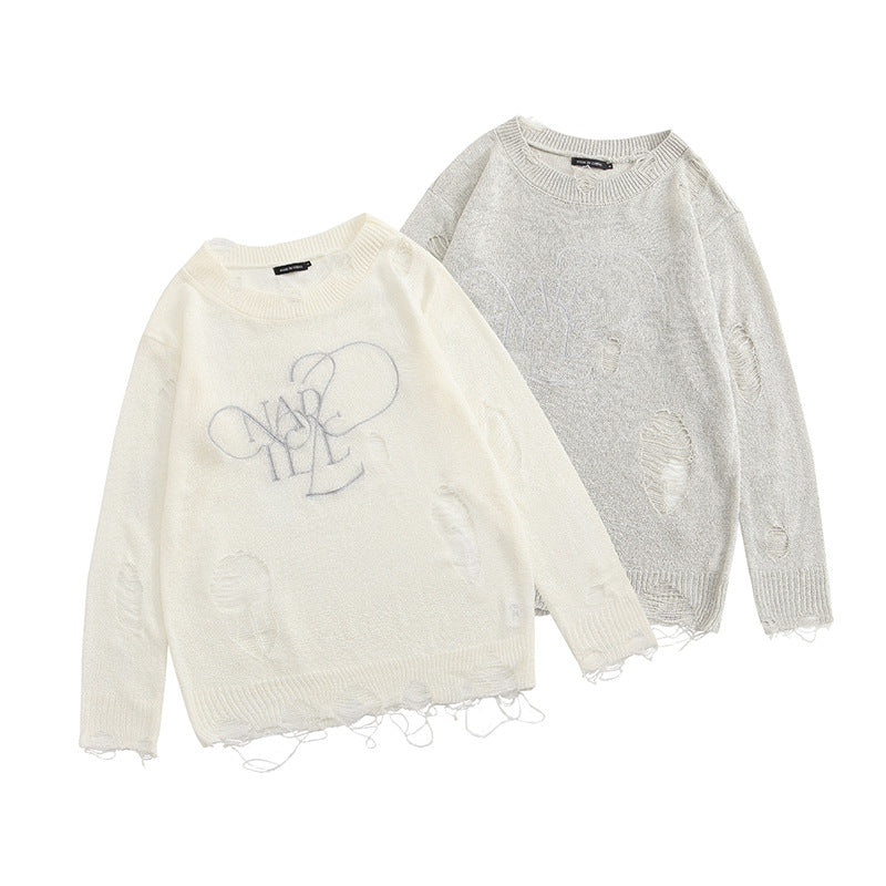 Loose Round Neck Thin Ripped Long Sleeves Shirt