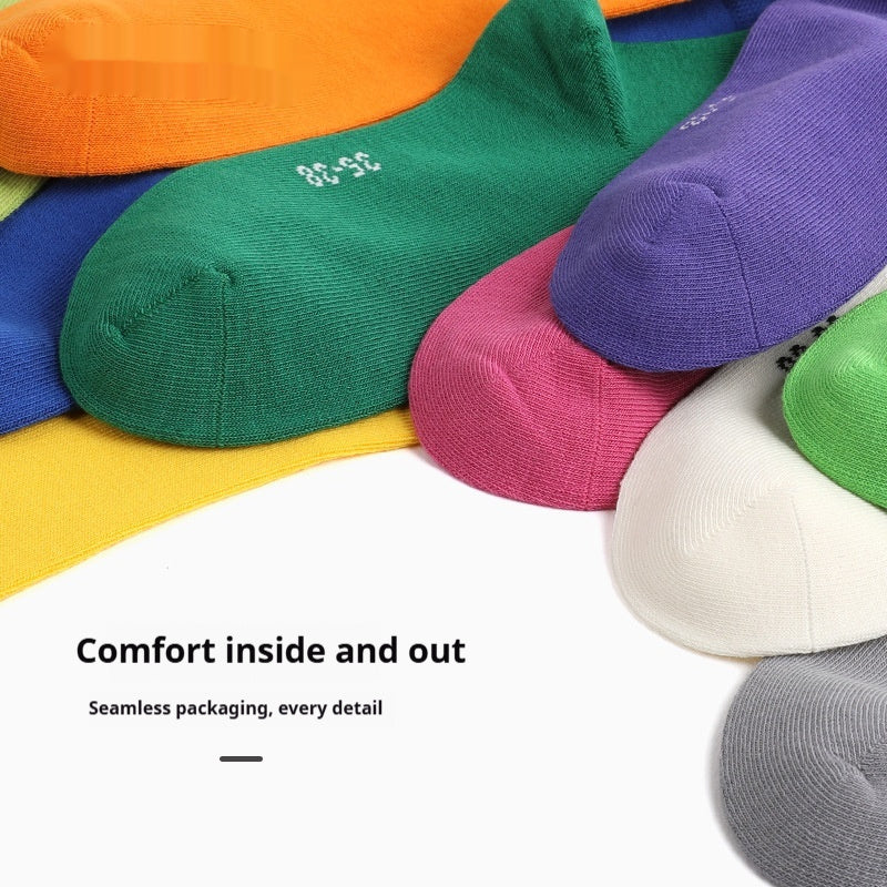 Solid Color High-elastic Mid-calf Boneless Macaron Colored Cotton Socks