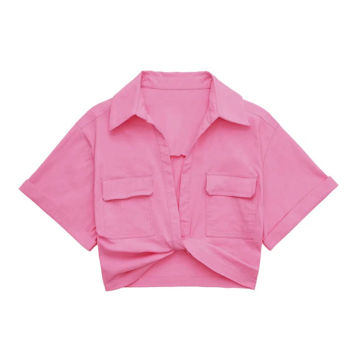 Solid Color Versatile Knot Embellishment Double Pocket Short Sleeved Shirt