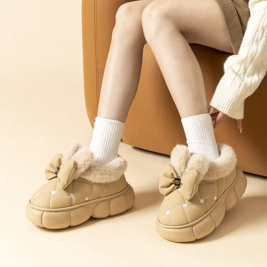 Women's Thick-soled Cotton Bow Leather Slippers