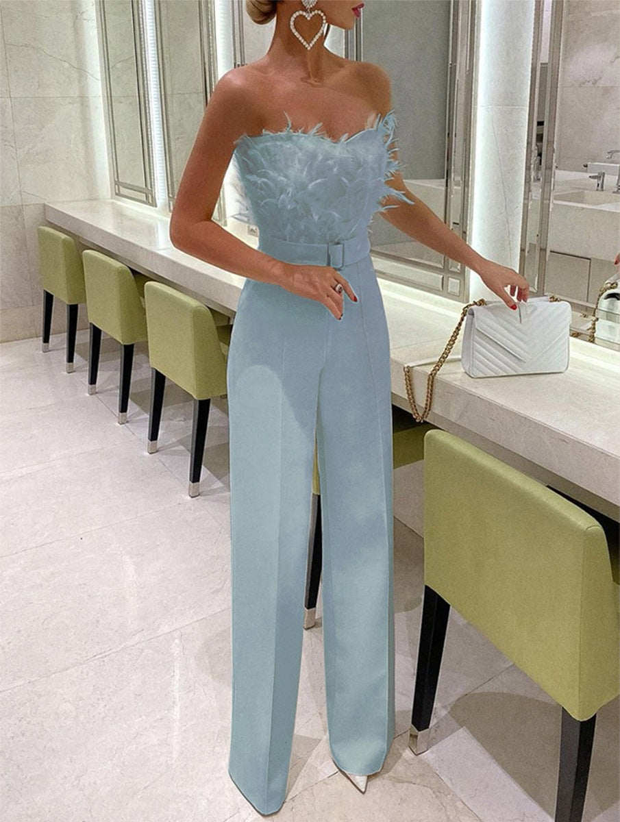 Temperament Feather Tube Top Jumpsuit Party Dress Pants