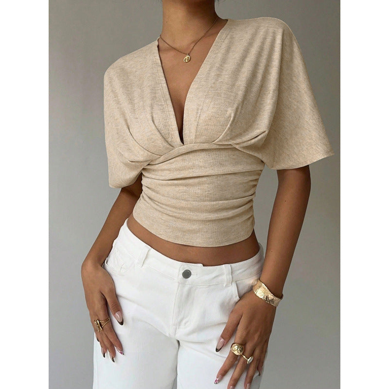 Womens Light Gray V-Neck Knotted Short-Sleeve Top