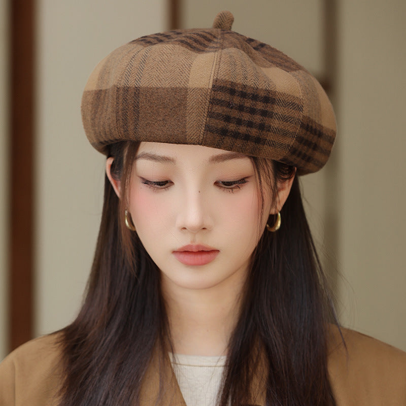 British Style Retro Plaid Octagonal Hat Japanese Style Fashion All-matching
