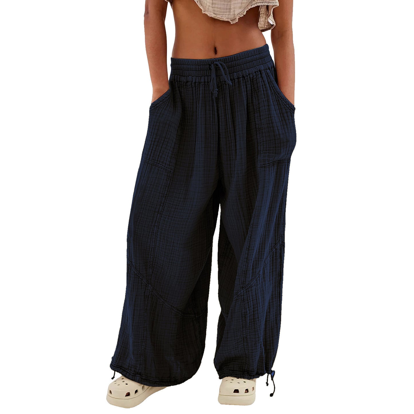Women's Fashion Solid Color Lace-up Pocket Wide Leg Pants