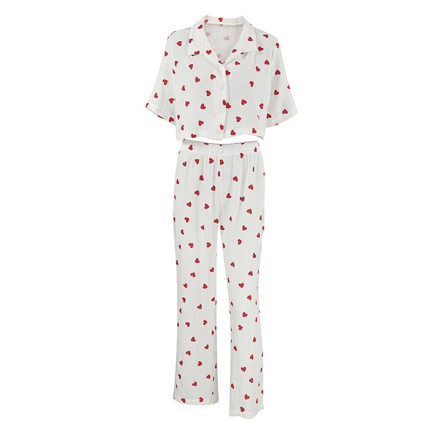 Heart-printed Crepe Cotton Pajama Pants And Short-sleeve Top Set