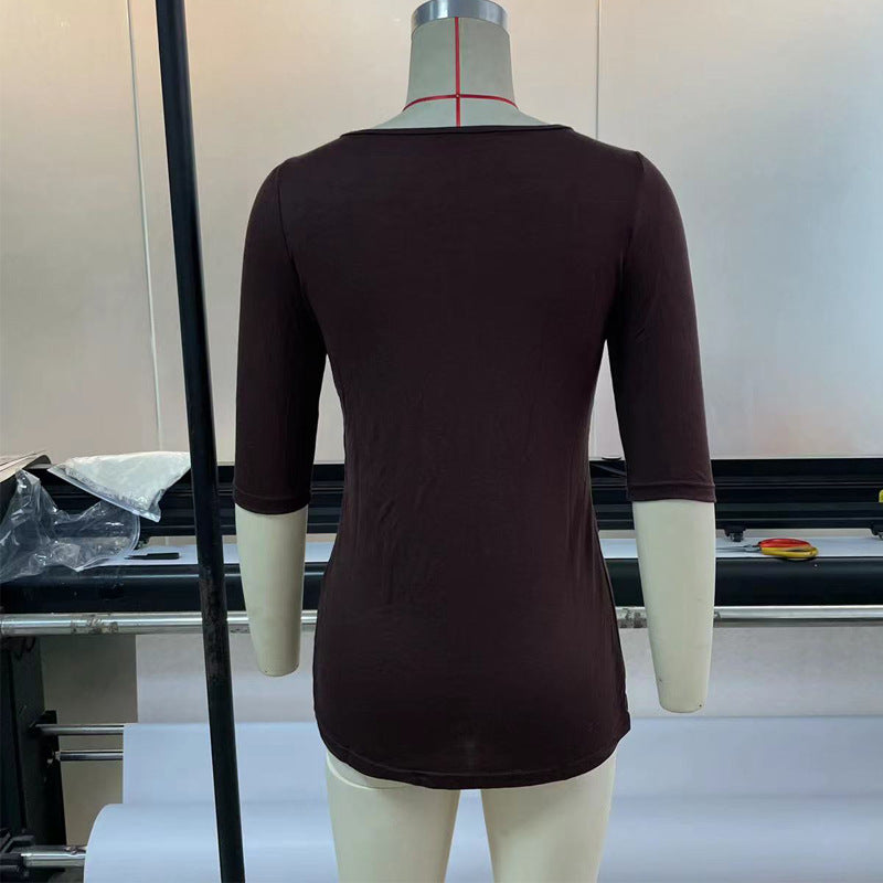 Summer Pure Color Tight Casual Waist Tight V-neck Pullover Top