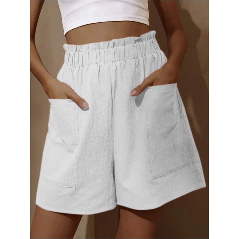 Solid-color High-waist Shorts Womens Wide-leg Pants