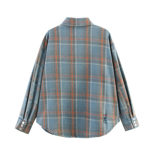 Washed Hand Frayed Blue Plaid Shirt Coat