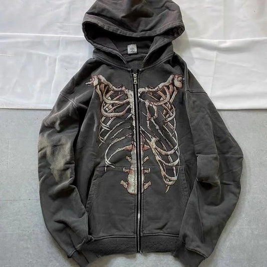 Bone Distressed Zipper Sweater For Men And Women