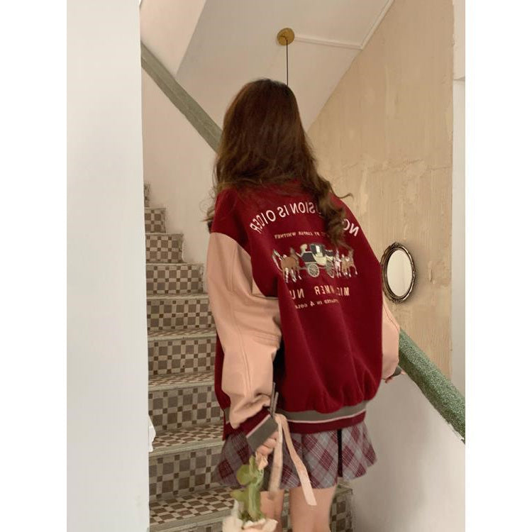 American Vintage Baseball Jacket Women's Loose PU Leather Patchwork