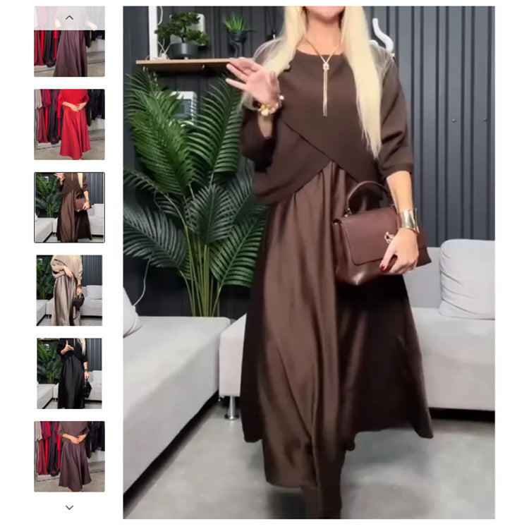 Elegant Simple Solid-color Dress With A Round Neck And Three-quarter-length Sleeves